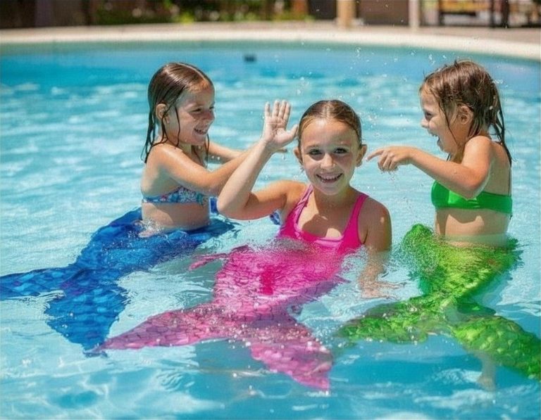 Mermaids & Bubbles swim lesson Chudleigh Young girls wearing mermaid tails during a Mermaids & Bubbles swim lesson at Chudleigh Outdoor Pool, South Devon